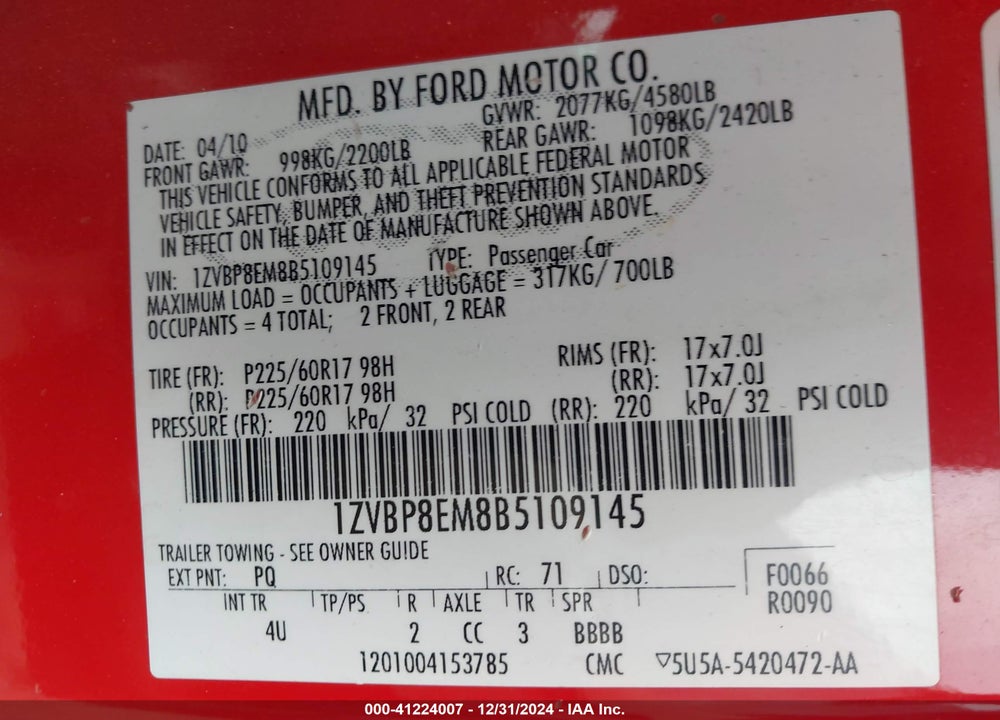 2011 FORD MUSTANG VIN: 1ZVBP8EM8B5109145