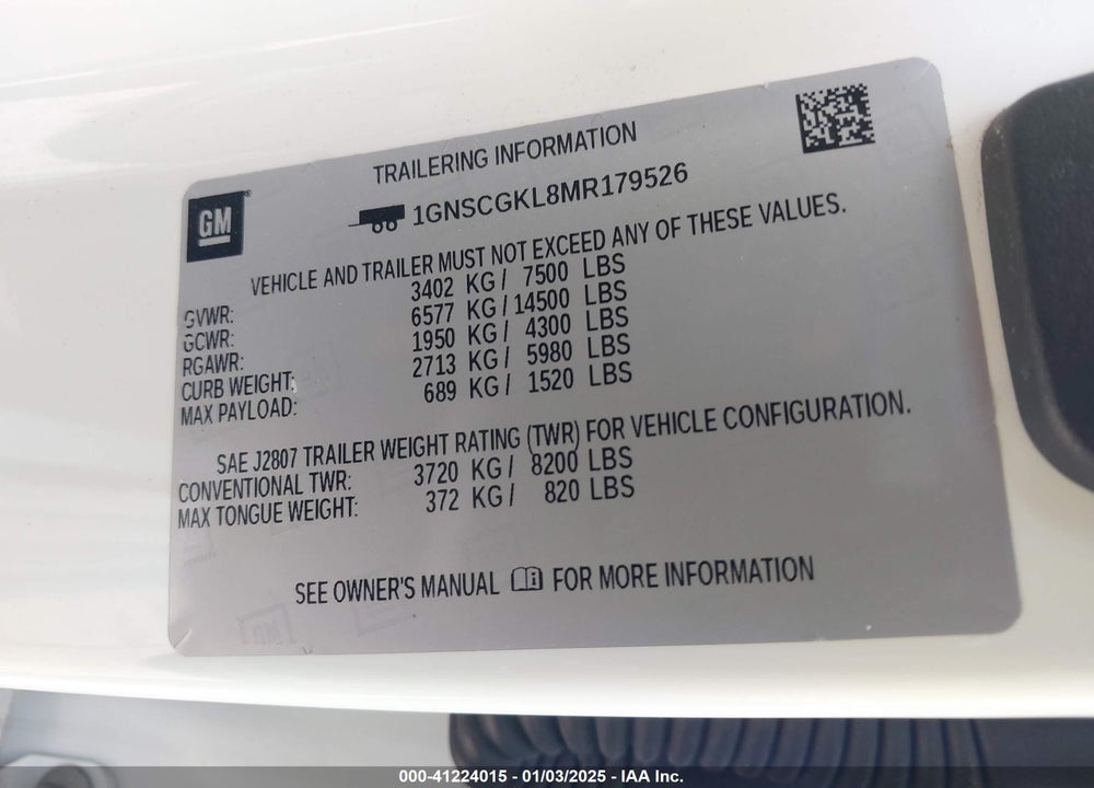2021 CHEVROLET SUBURBAN 2WD HIGH COUNTRY VIN: 1GNSCGKL8MR179526