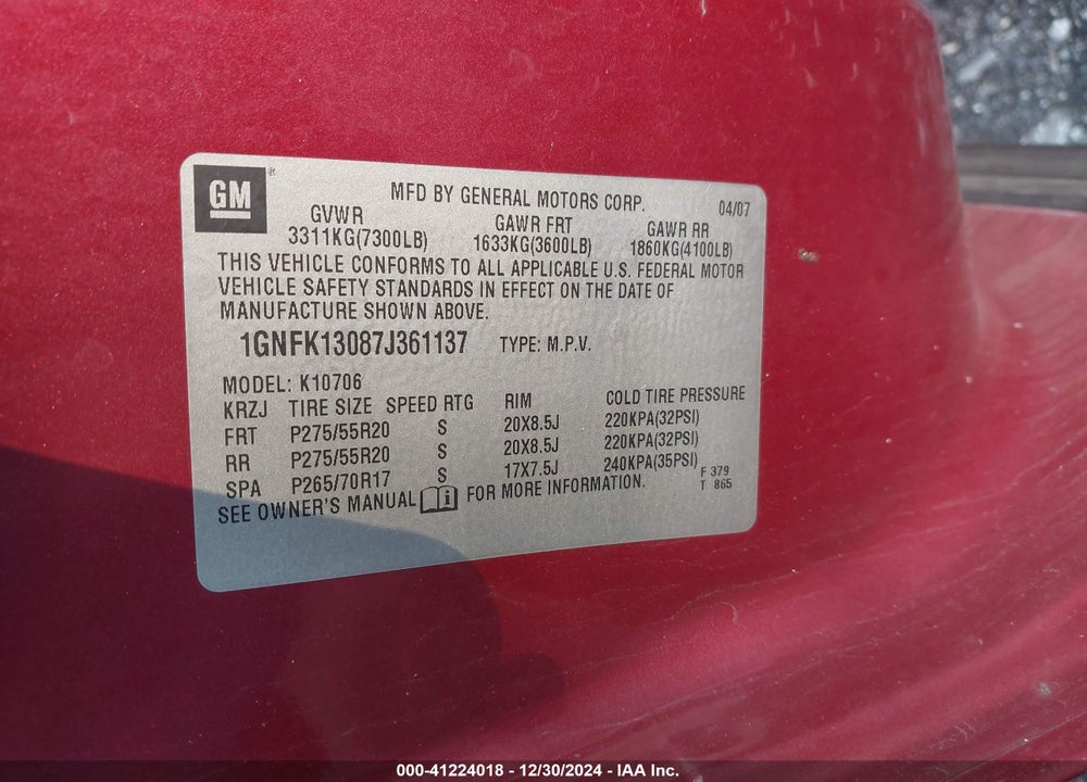 2007 CHEVROLET TAHOE LT VIN: 1GNFK13087J361137
