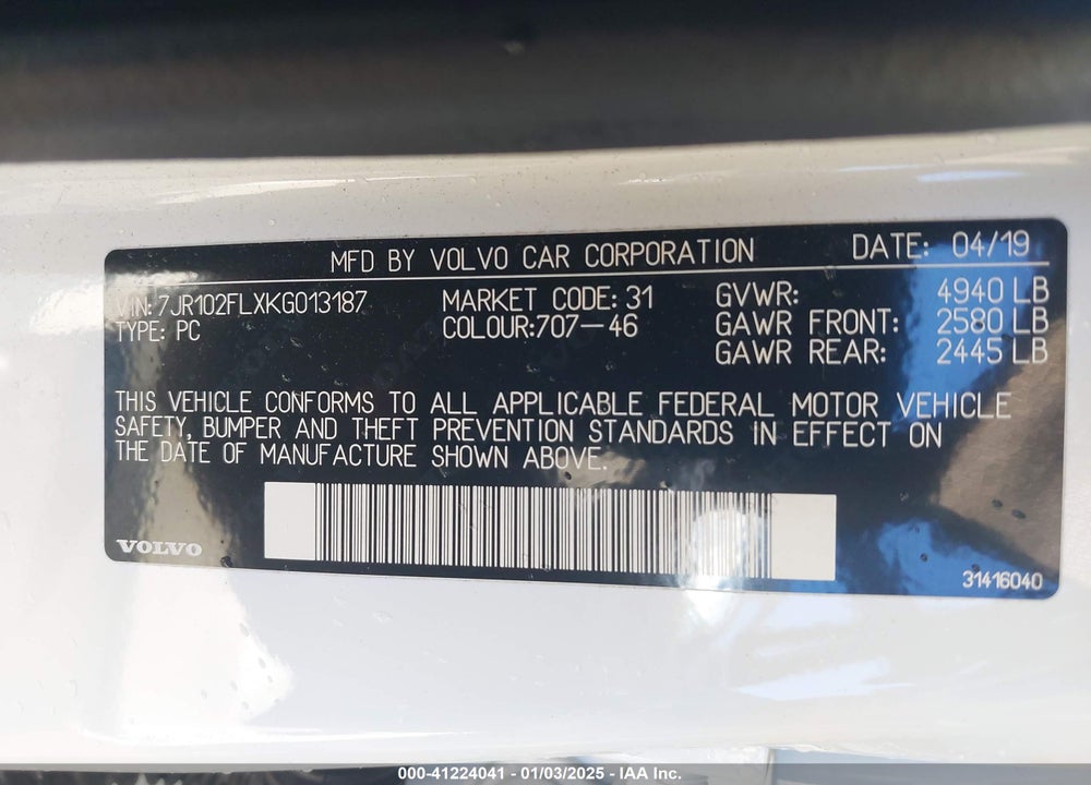 2019 VOLVO S60 VIN: 7JR102FLXKG013187