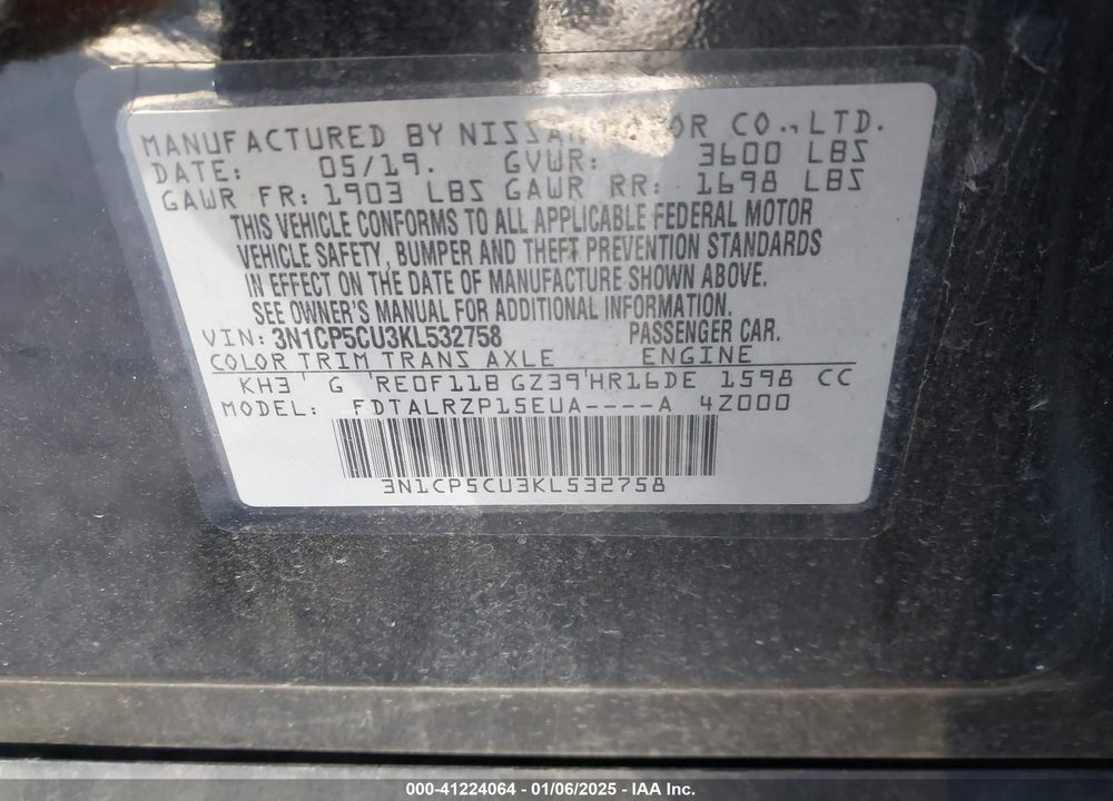 2019 NISSAN KICKS S VIN: 3N1CP5CU3KL532758