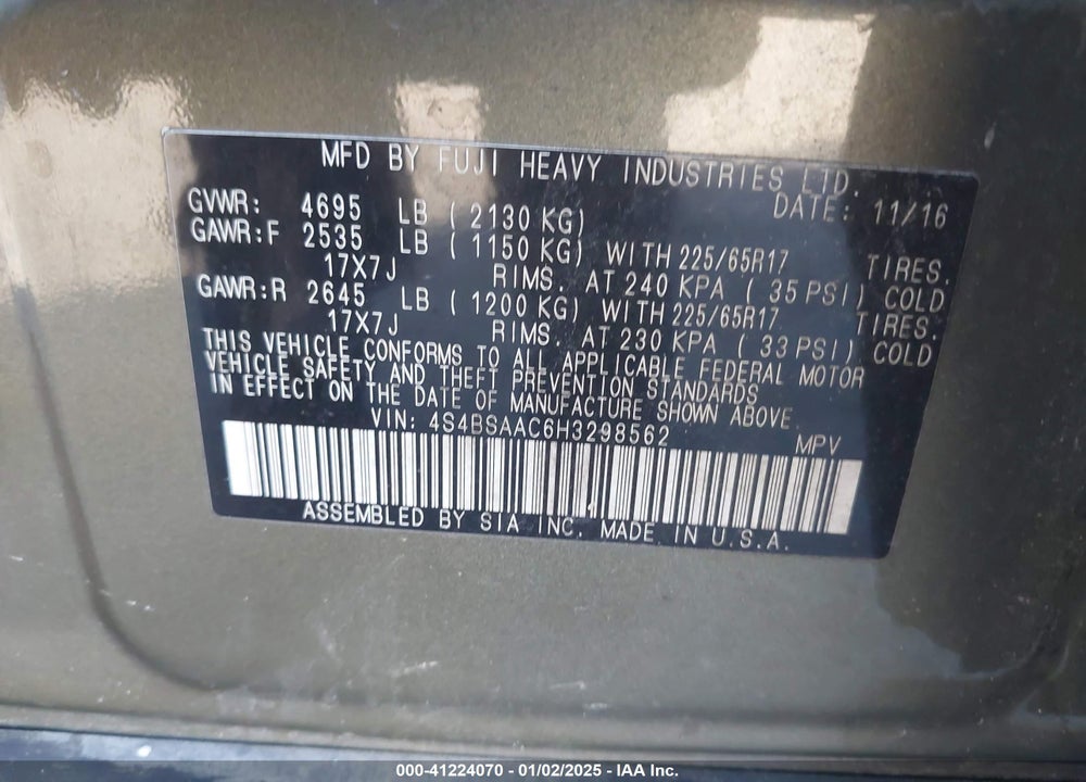2017 SUBARU OUTBACK 2.5I VIN: 4S4BSAAC6H3298562