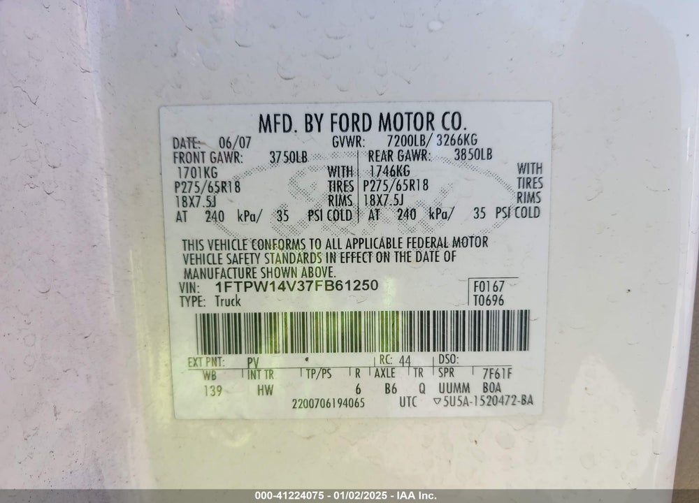 2007 FORD F150 VIN: 1FTPW14V37FB61250
