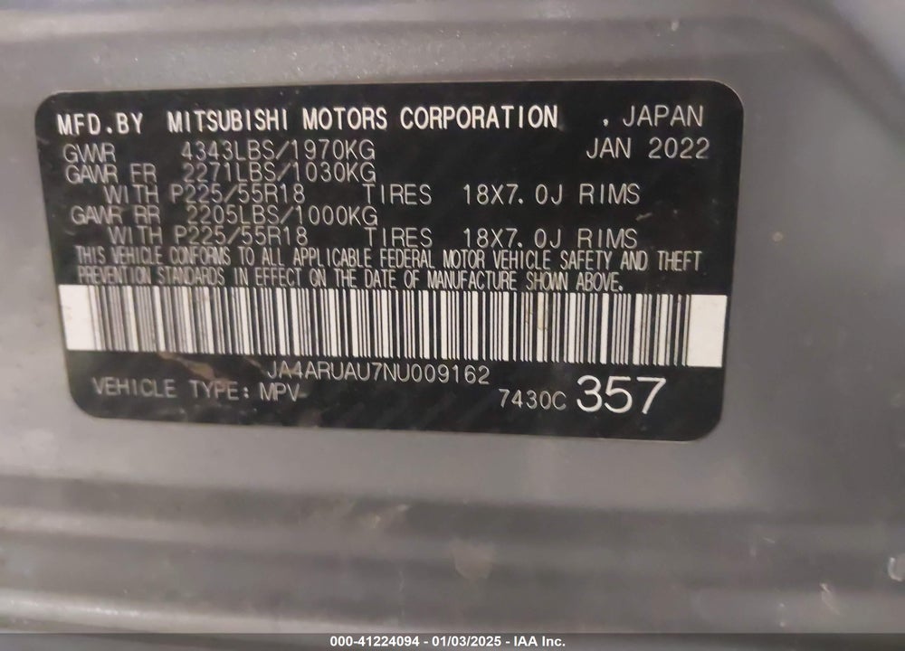 2022 MITSUBISHI OUTLANDER SPORT 2.0 SE AWC VIN: JA4ARUAU7NU009162