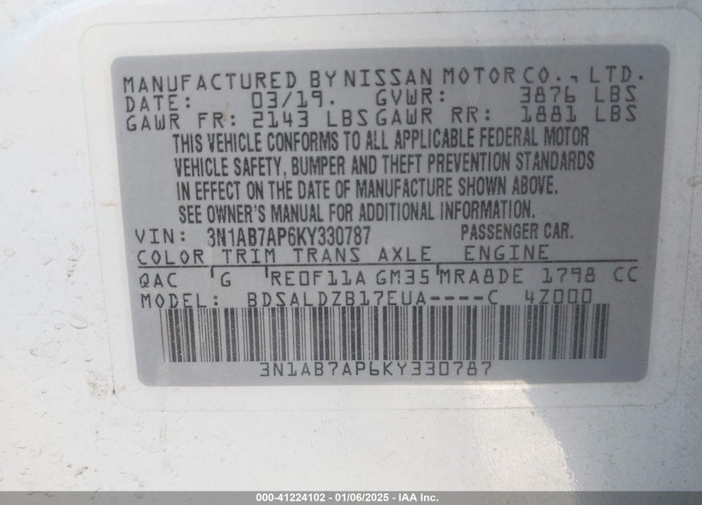 2019 NISSAN SENTRA VIN: 3N1AB7AP6KY330787