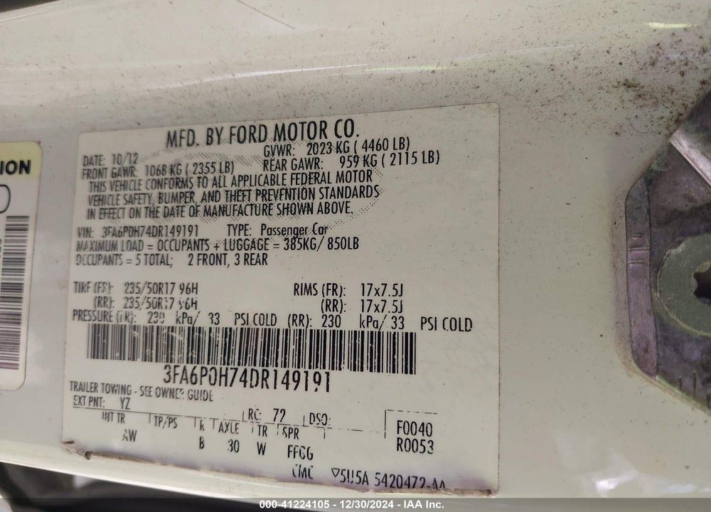 2013 FORD FUSION SE VIN: 3FA6P0H74DR149191