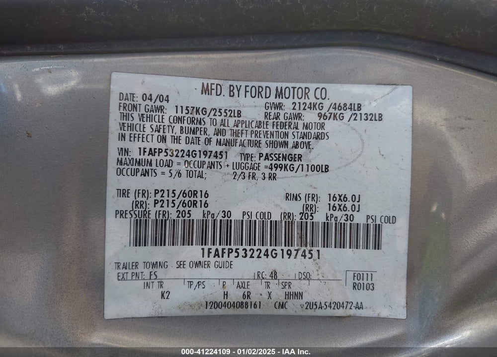 2004 FORD TAURUS SE VIN: 1FAFP53224G197451
