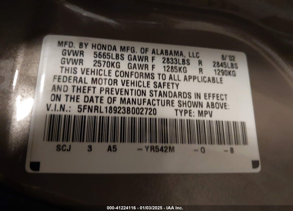 2003 HONDA ODYSSEY EX-L VIN: 5FNRL18923B002720