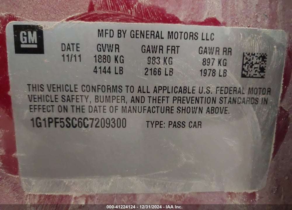 2012 CHEVROLET CRUZE 1LT VIN: 1G1PF5SC6C7209300