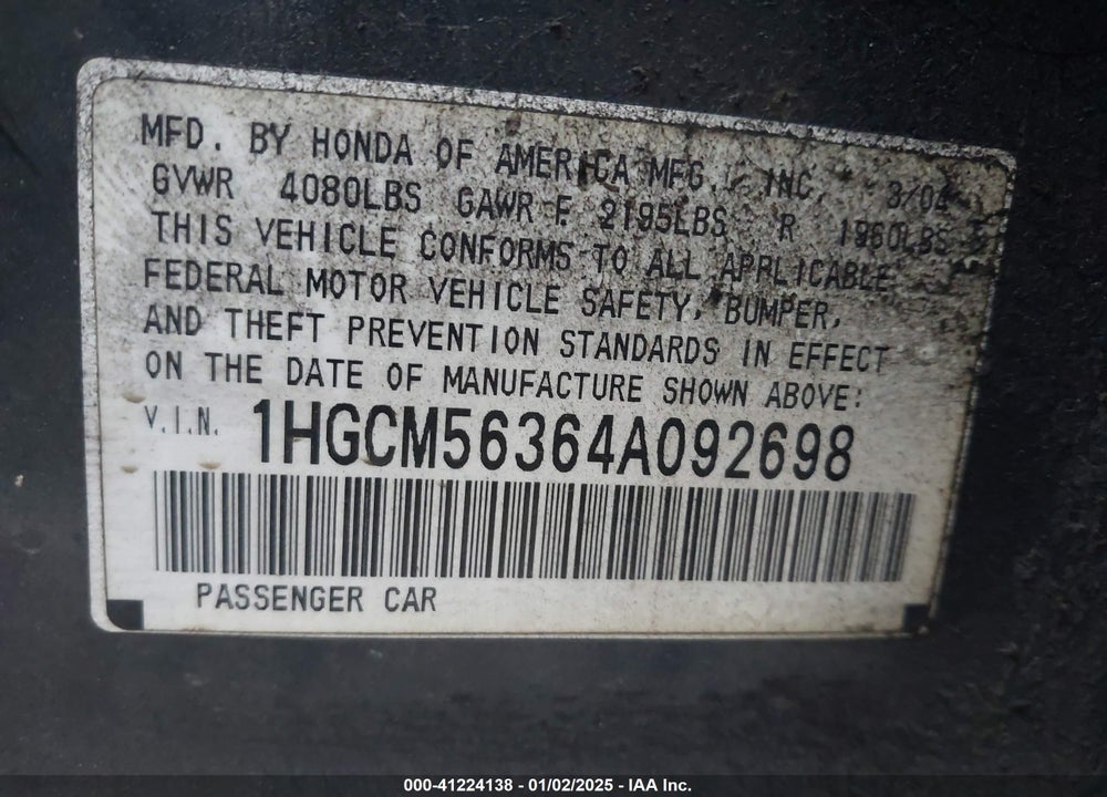 2004 HONDA ACCORD 2.4 LX VIN: 1HGCM56364A092698