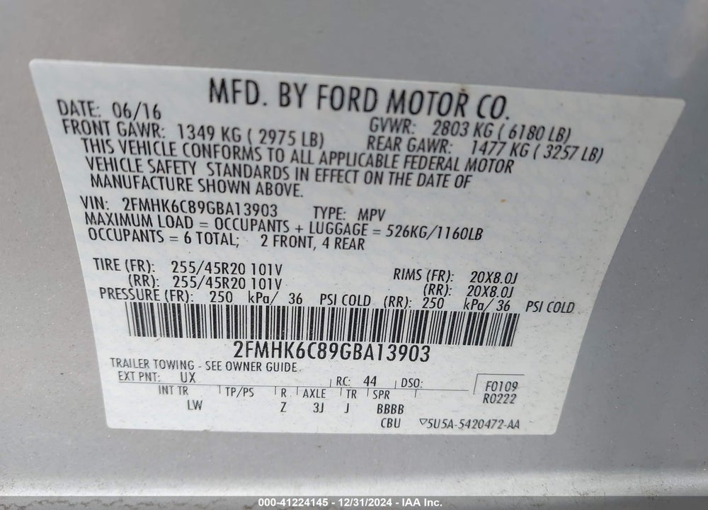 2016 FORD FLEX SEL VIN: 2FMHK6C89GBA13903