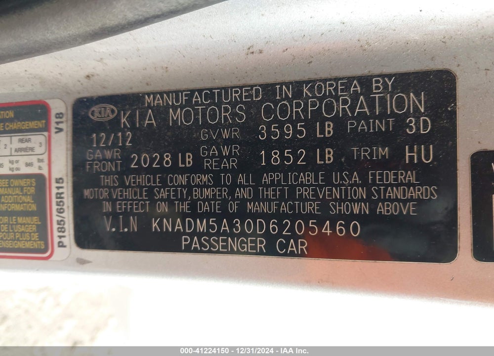 2013 KIA RIO VIN: KNADM5A30D6205460