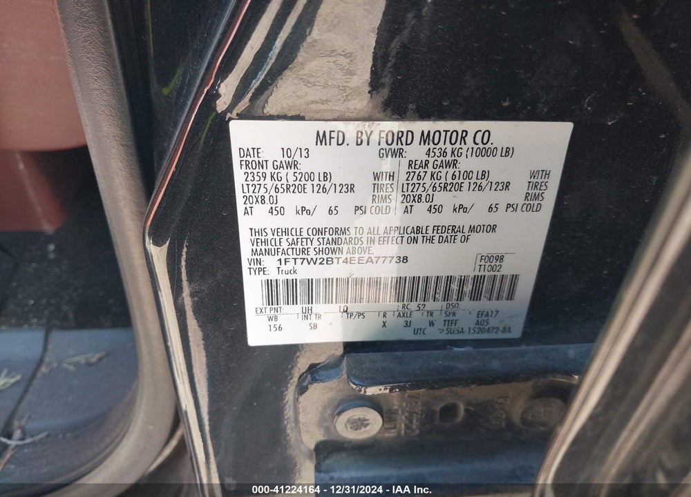 2014 FORD F-250 VIN: 1FT7W2BT4EEA77738