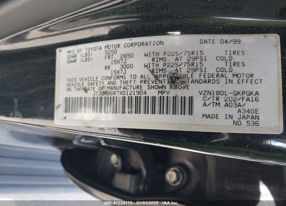 1999 TOYOTA 4RUNNER SR5 V6 VIN: JT3GN86R7X0121904