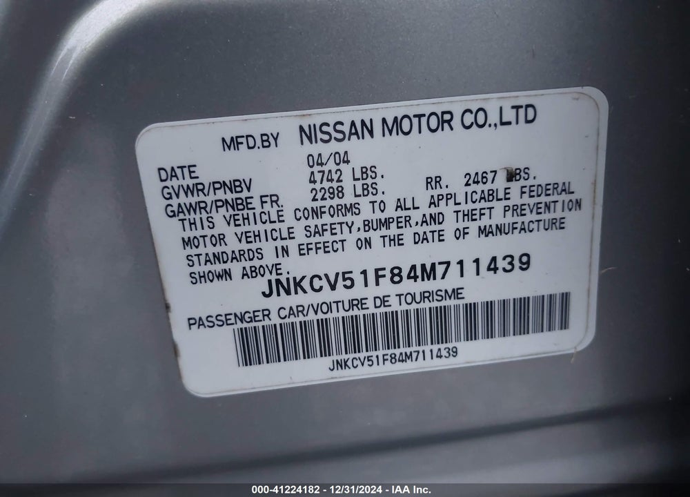 2004 INFINITI G35X VIN: JNKCV51F84M711439