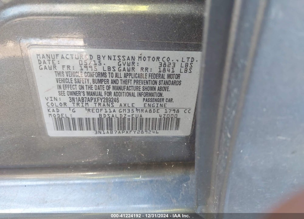 2015 NISSAN SENTRA SV VIN: 3N1AB7APXFY289246