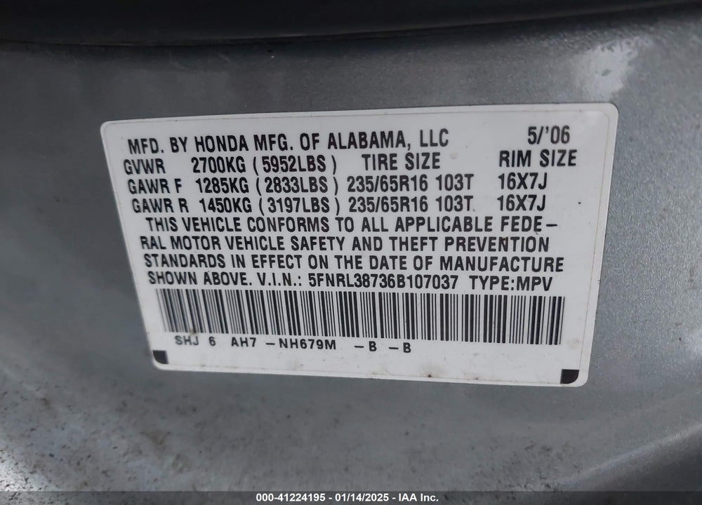 2006 HONDA ODYSSEY EX-L VIN: 5FNRL38736B107037