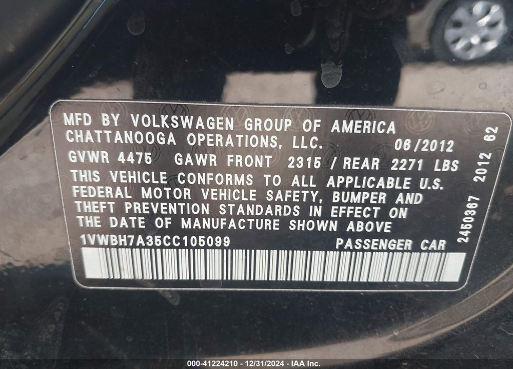 2012 VOLKSWAGEN PASSAT 2.5L SE VIN: 1VWBH7A35CC105099