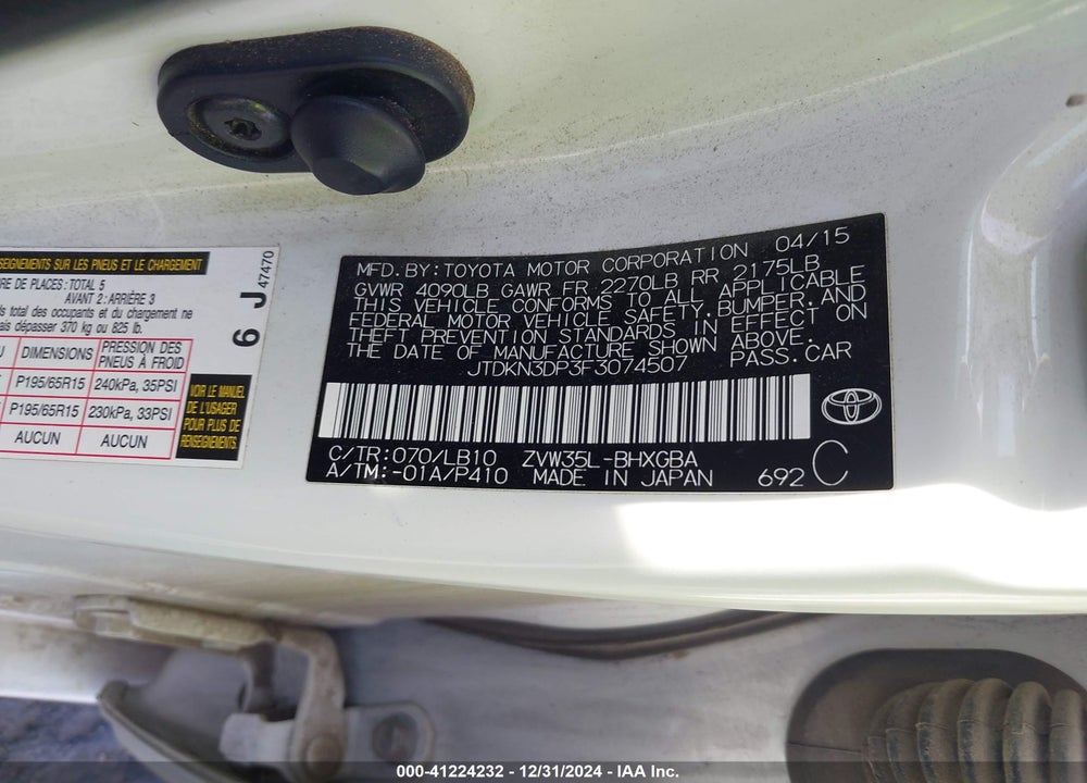 2015 TOYOTA PRIUS PLUG-IN ADVANCED VIN: JTDKN3DP3F3074507