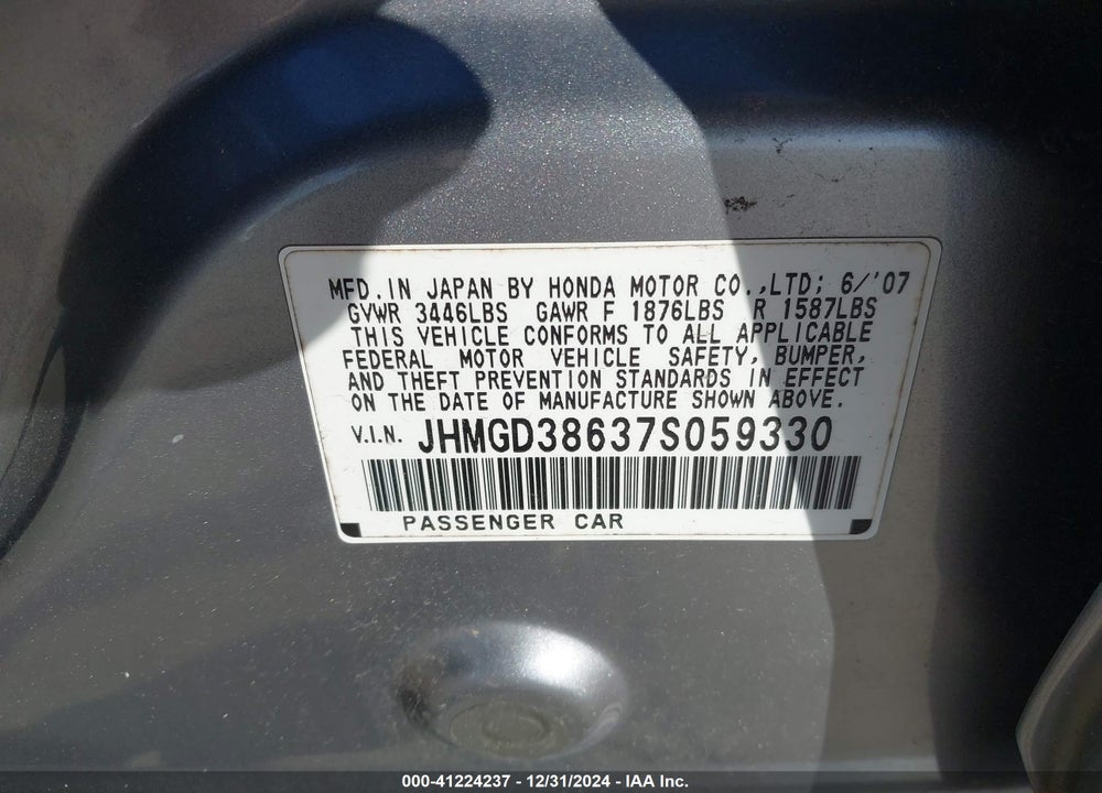 2007 HONDA FIT SPORT VIN: JHMGD38637S059330