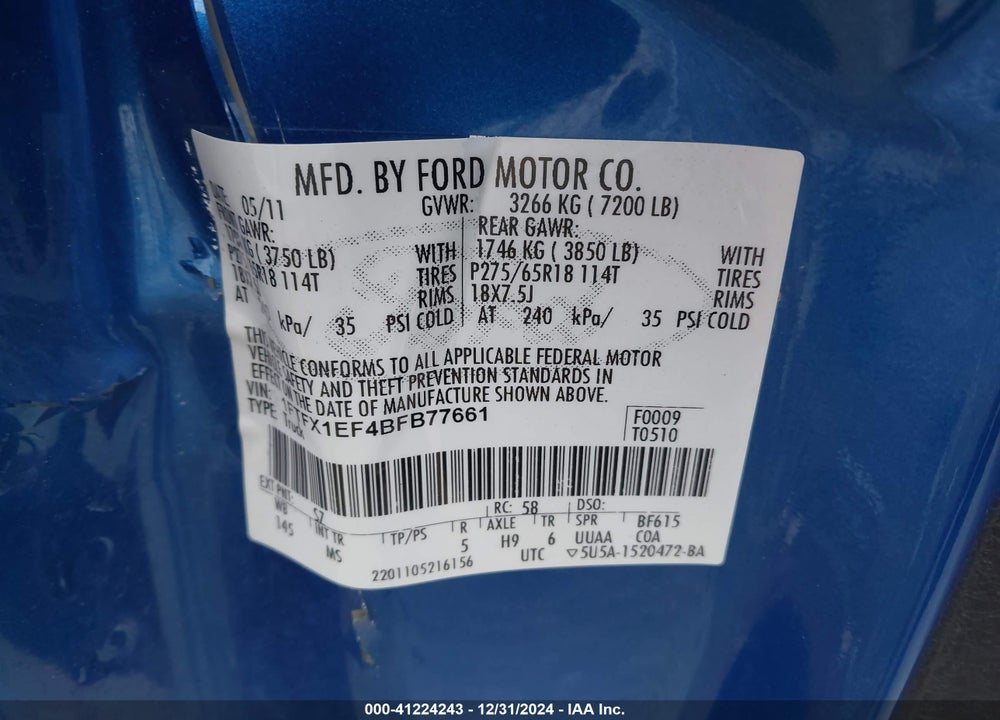 2011 FORD F-150 VIN: 1FTFX1EF4BFB77661