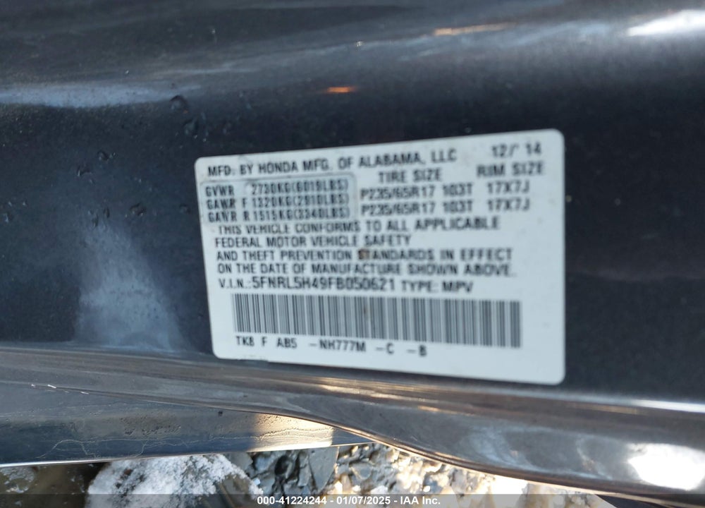 2015 HONDA ODYSSEY EX VIN: 5FNRL5H49FB050621