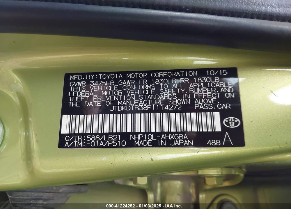 2015 TOYOTA PRIUS C VIN: JTDKDTB38F1114272