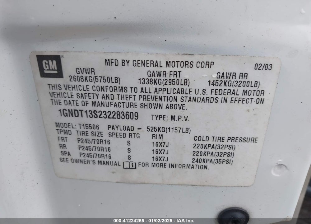 2003 CHEVROLET TRAILBLAZER LS VIN: 1GNDT13S232283609