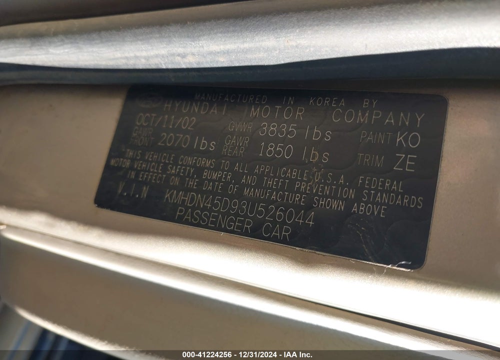 2003 HYUNDAI ELANTRA GLS/GT VIN: KMHDN45D93U526044