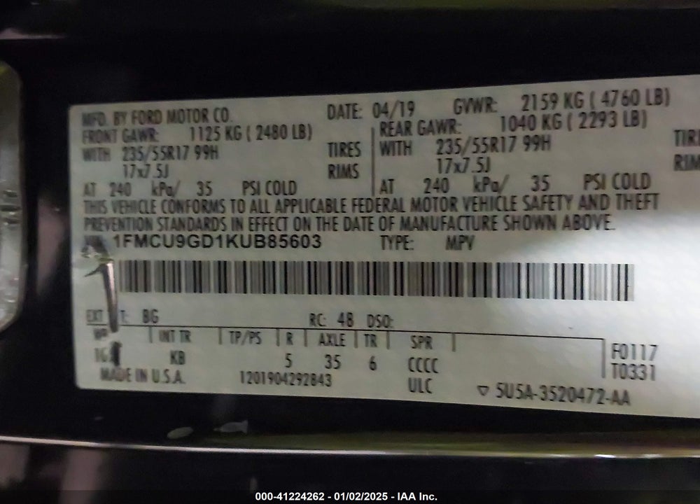 2019 FORD ESCAPE VIN: 1FMCU9GD1KUB85603