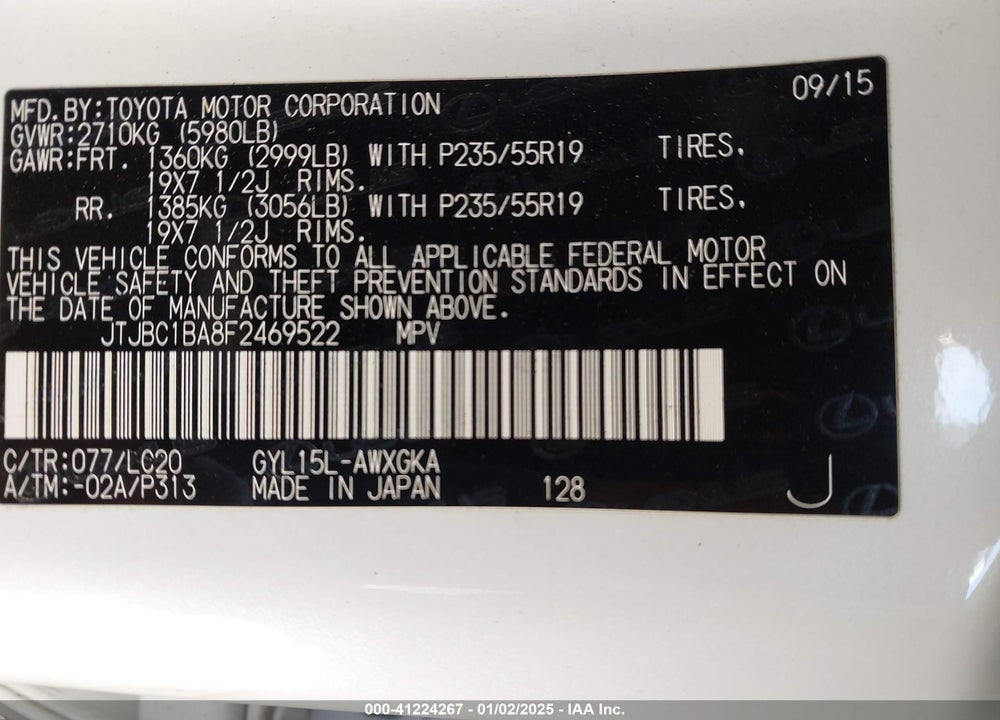 2015 LEXUS RX 450H VIN: JTJBC1BA8F2469522