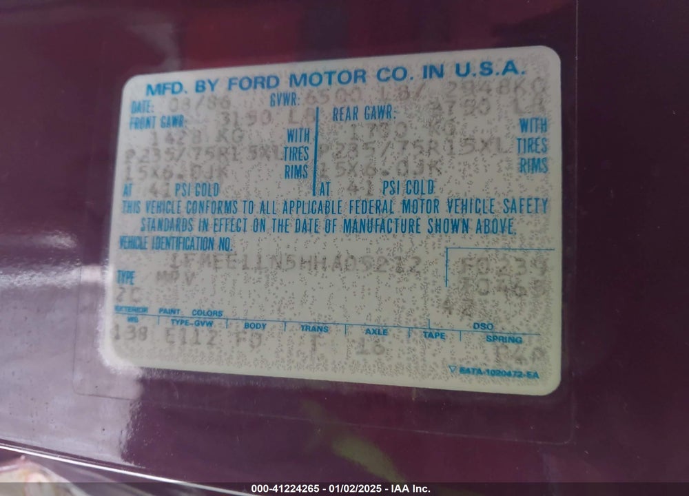 1987 FORD ECONOLINE E150 VIN: 1FMEE11N5HHA05212