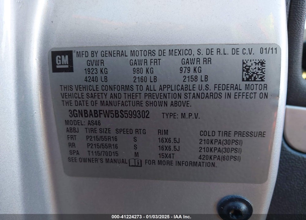2011 CHEVROLET HHR VIN: 3GNBABFW5BS599302