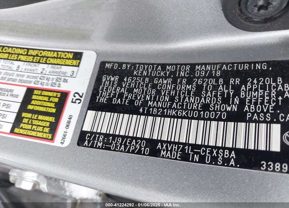 2019 TOYOTA CAMRY VIN: 4T1B21HK6KU010070