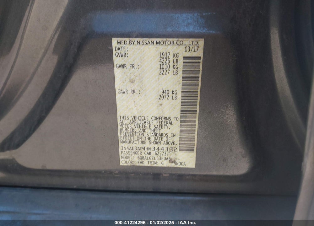2017 NISSAN ALTIMA 2.5 S VIN: 1N4AL3AP4HN344332