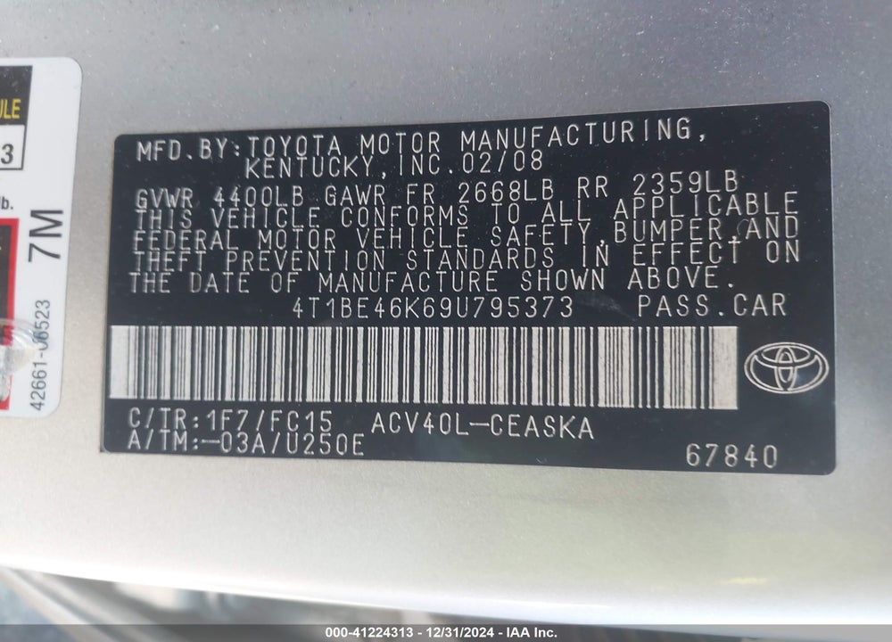 2009 TOYOTA CAMRY SE VIN: 4T1BE46K69U795373