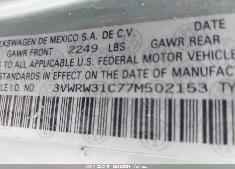 2007 VOLKSWAGEN NEW BEETLE VIN: 3VWRW31C77M502153