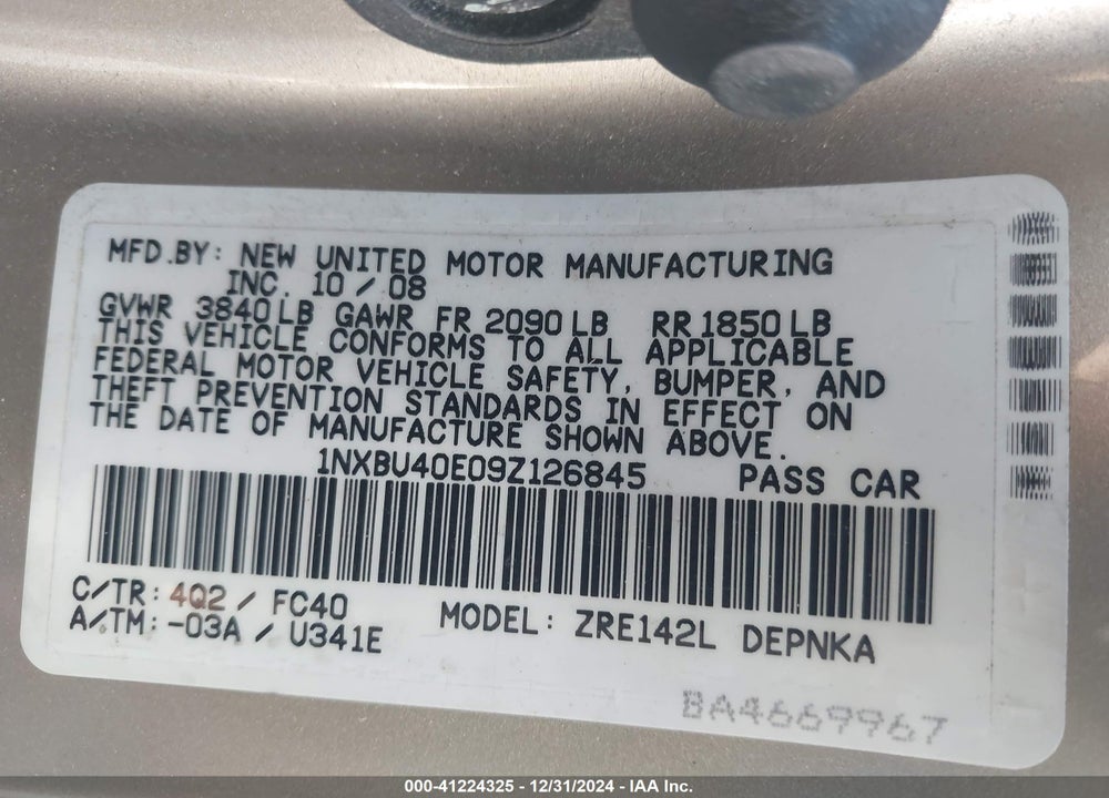 2009 TOYOTA COROLLA XLE VIN: 1NXBU40E09Z126845