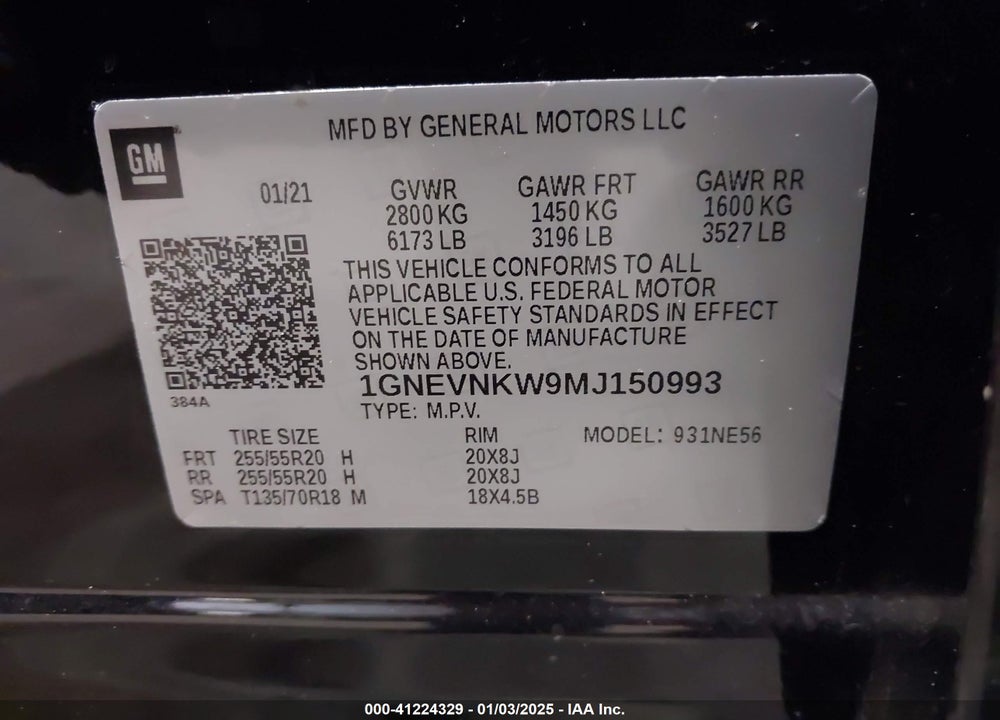 2021 CHEVROLET TRAVERSE AWD HIGH COUNTRY VIN: 1GNEVNKW9MJ150993