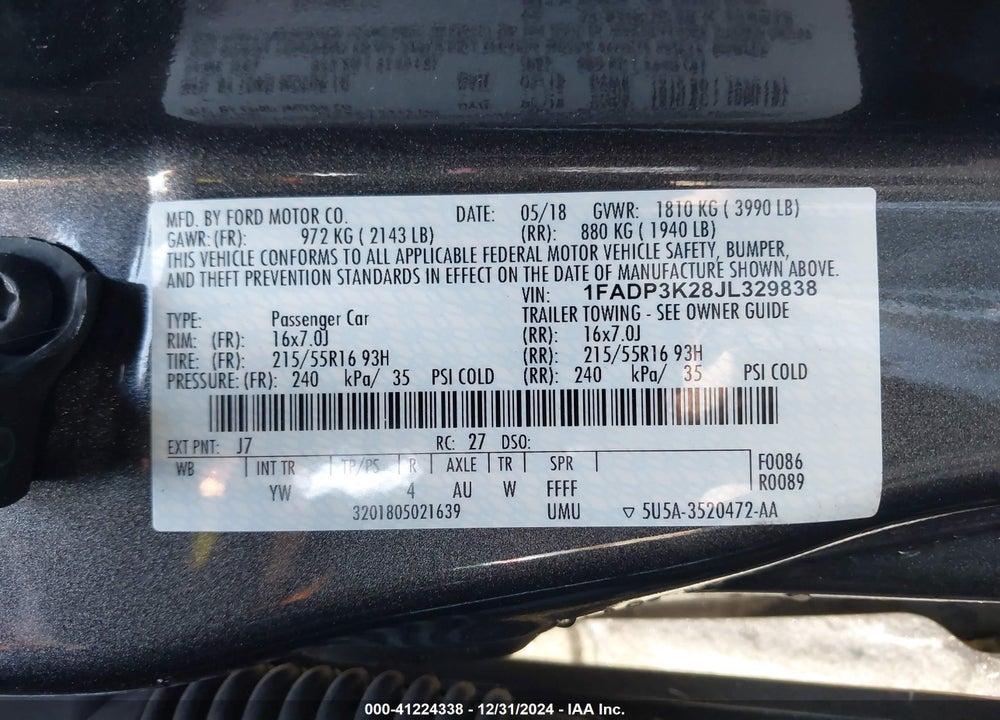 2018 FORD FOCUS SE VIN: 1FADP3K28JL329838