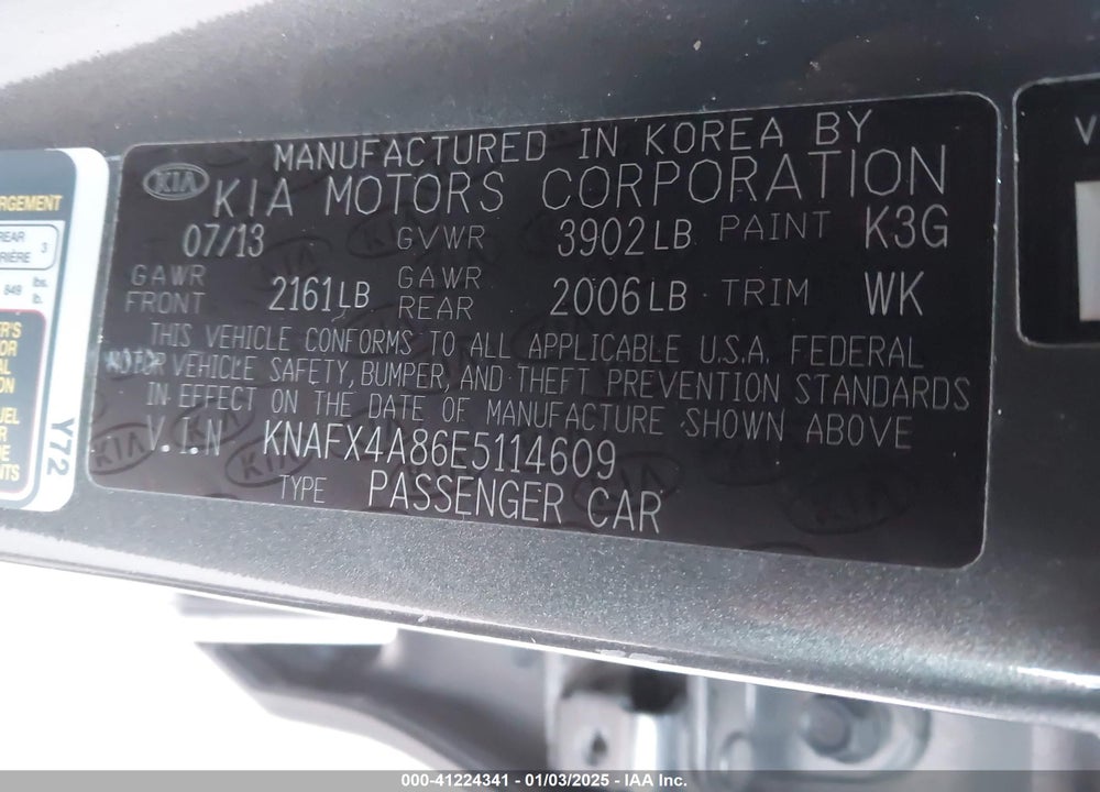 2014 KIA FORTE VIN: KNAFX4A86E5114609