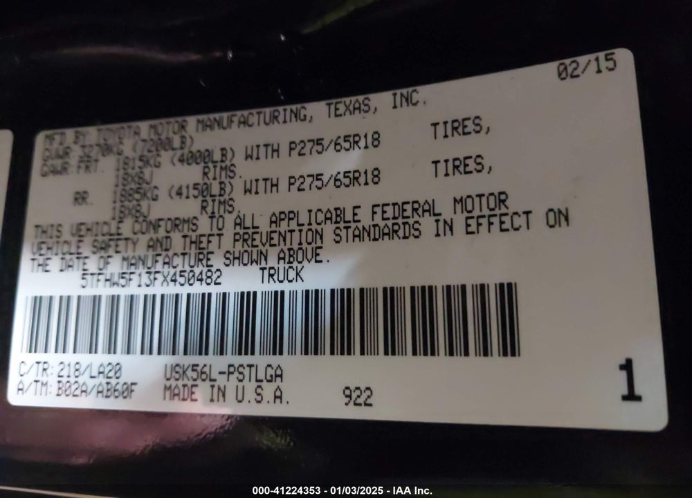 2015 TOYOTA TUNDRA LIMITED 5.7L V8 VIN: 5TFHW5F13FX450482