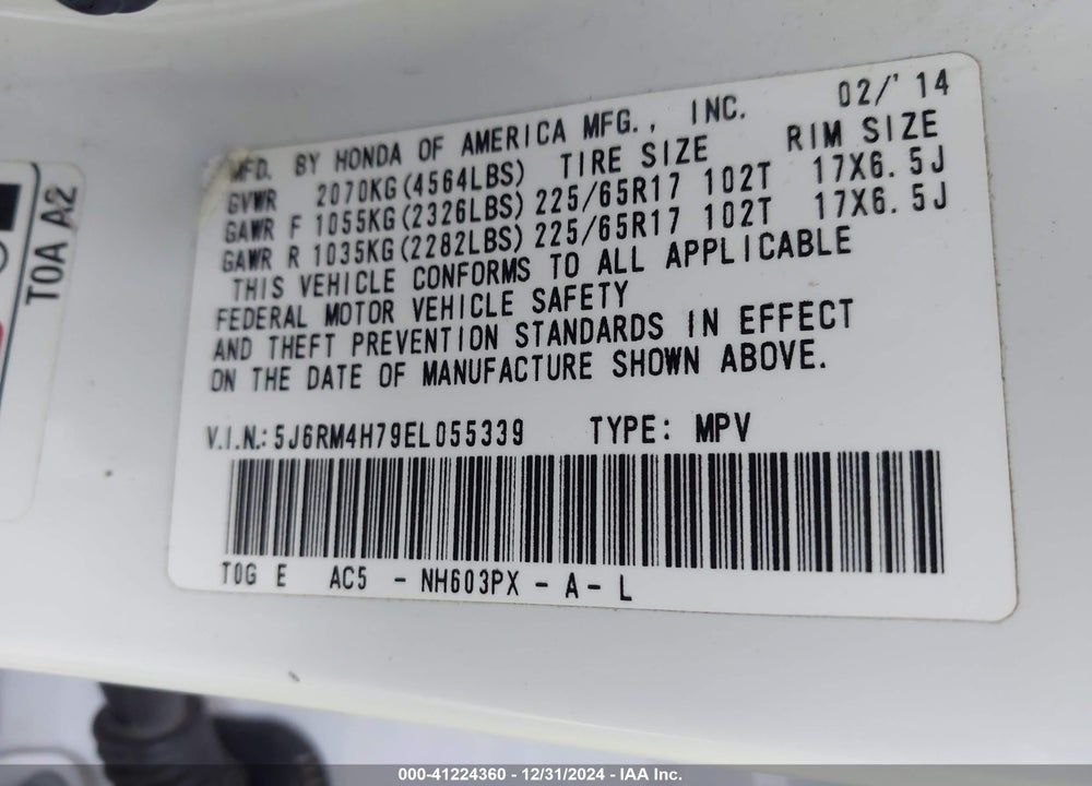 2014 HONDA CR-V EX-L VIN: 5J6RM4H79EL055339