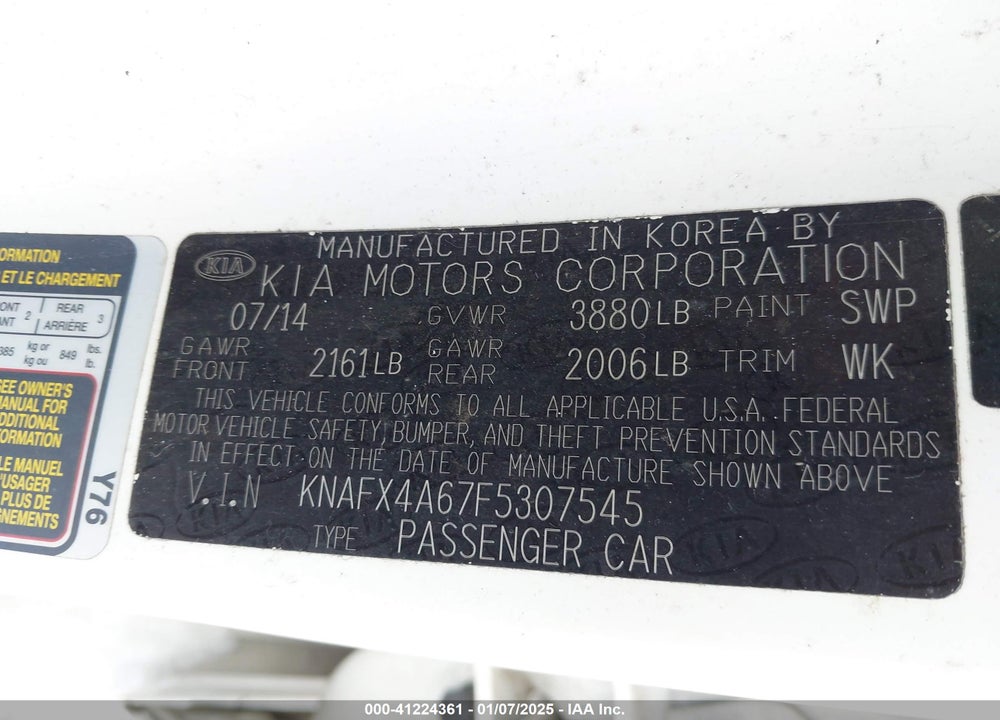 2015 KIA FORTE VIN: KNAFX4A67F5307545