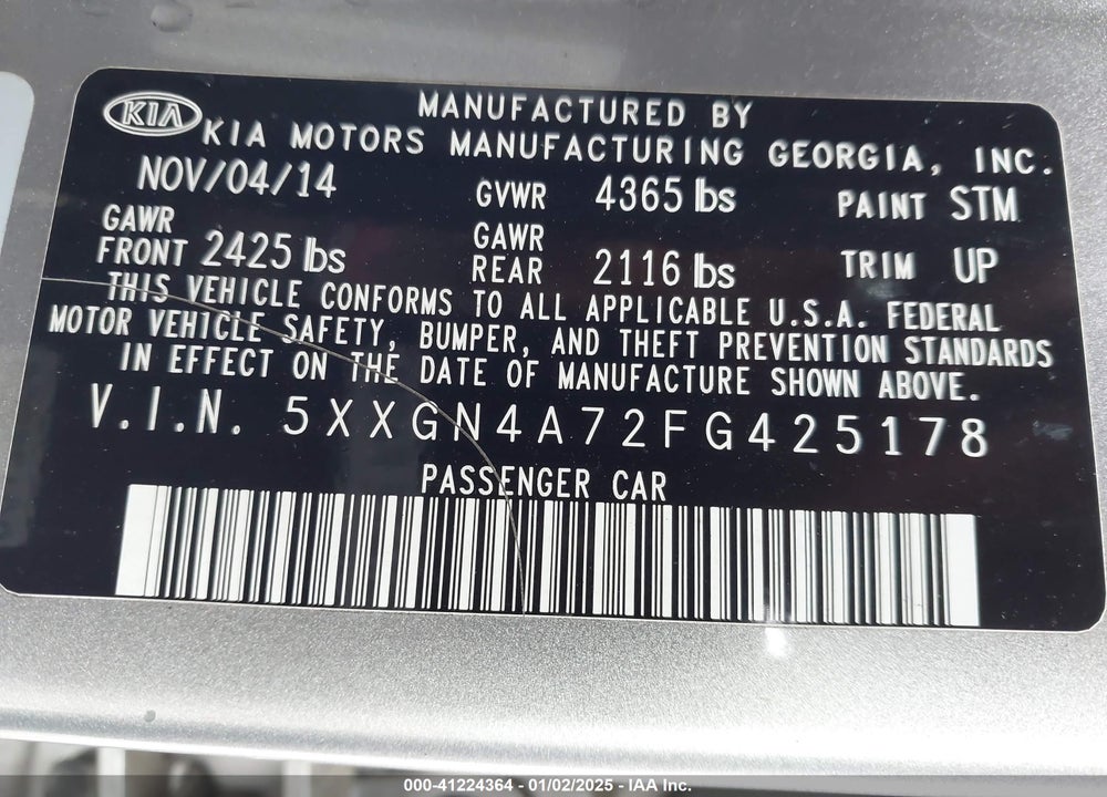 2015 KIA OPTIMA VIN: 5XXGN4A72FG425178