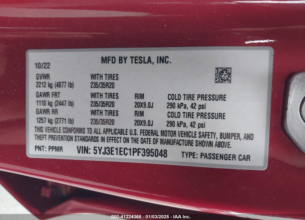 2023 TESLA MODEL 3 PERFORMANCE DUAL MOTOR ALL-WHEEL DRIVE VIN: 5YJ3E1EC1PF395048
