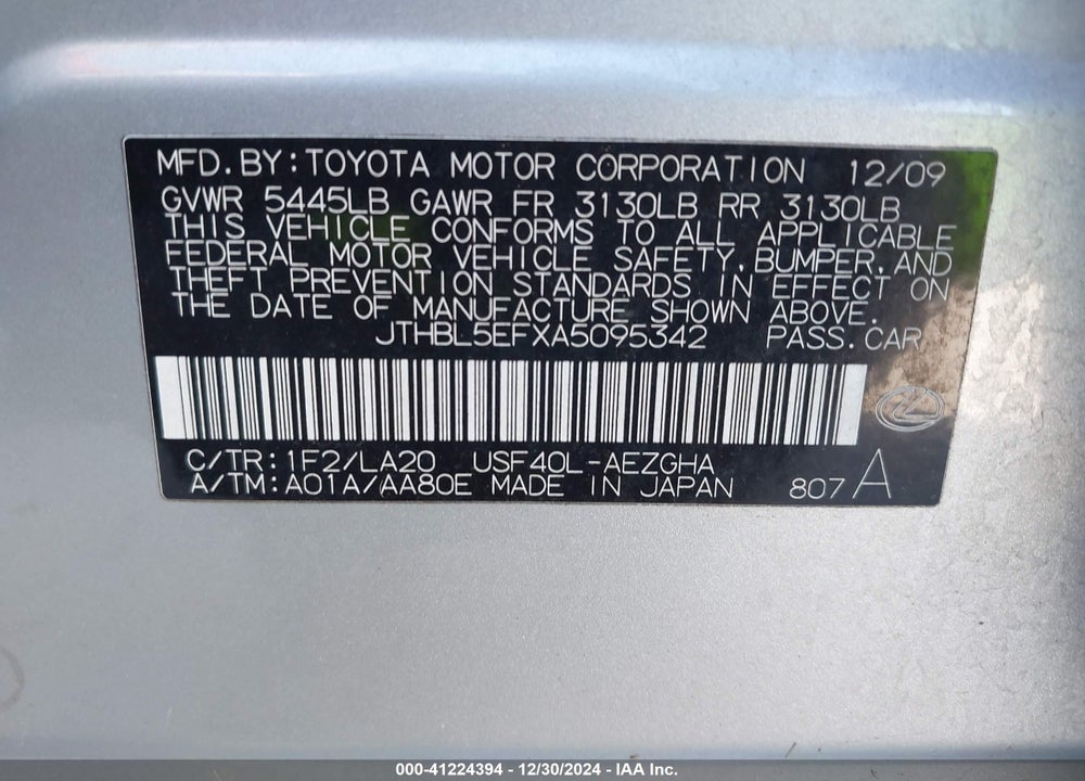 2010 LEXUS LS 460 VIN: JTHBL5EFXA5095342