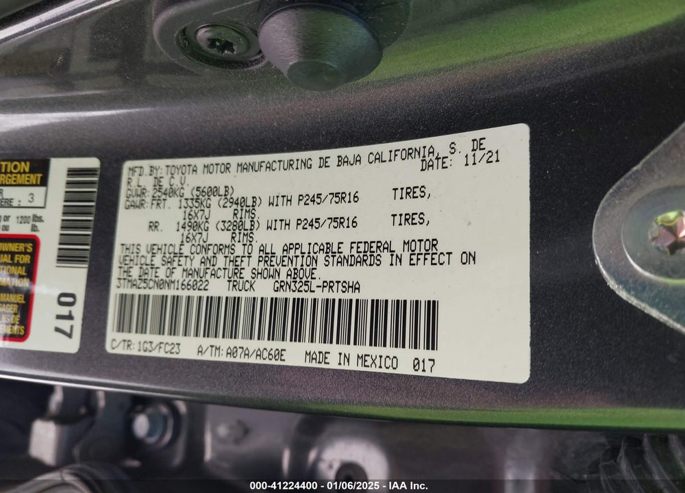 2022 TOYOTA TACOMA VIN: 3TMAZ5CN0NM166022