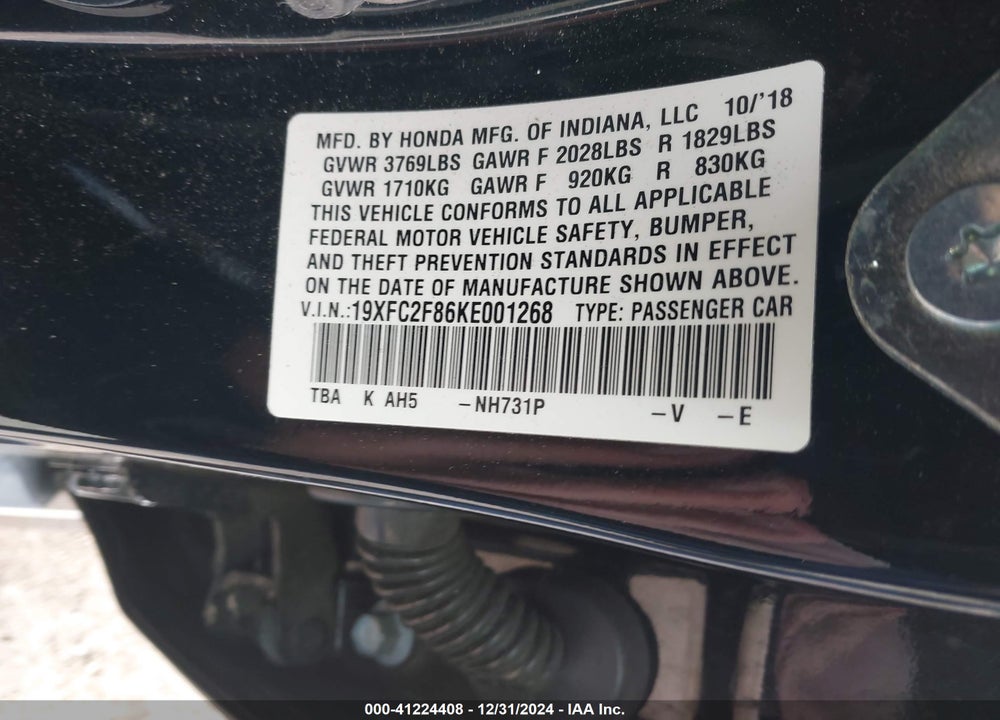 2019 HONDA CIVIC VIN: 19XFC2F86KE001268