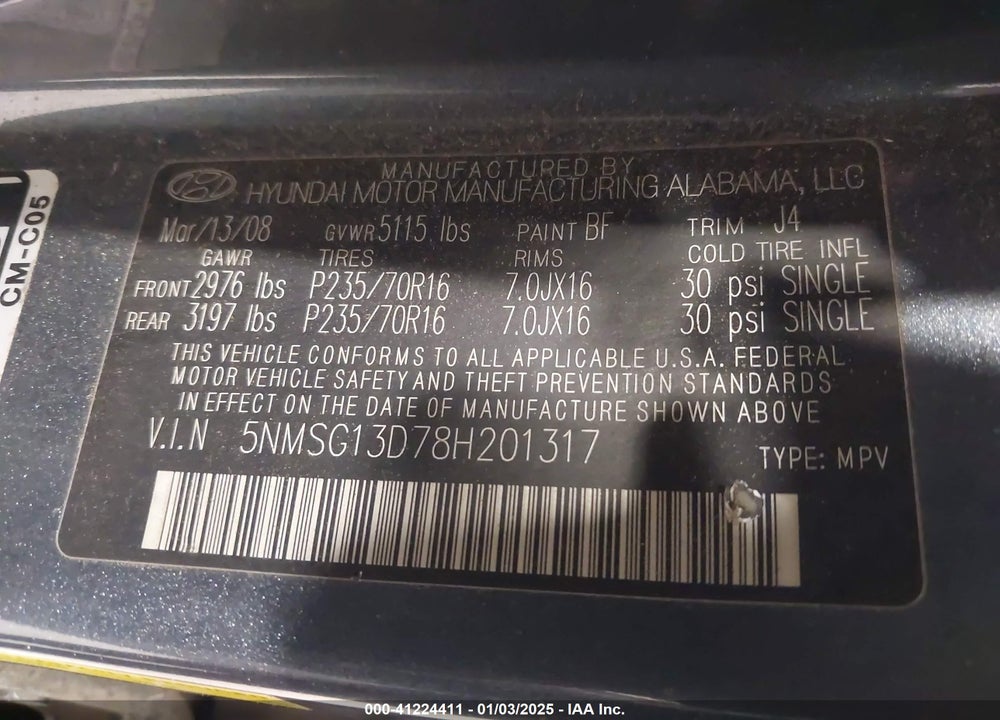 2008 HYUNDAI SANTA FE GLS VIN: 5NMSG13D78H201317